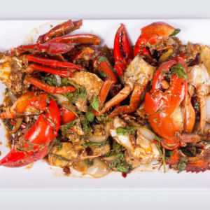 Crab Legs in bulk, seasoned with Thai dish